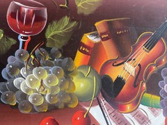 R Mark Fruit Wine Music Still Life Oil on Canvas Original Vintage Painting 1988