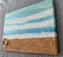 Textured Mixed Media Beach Scene Painting with Seashells, Handmade Original