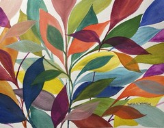 9”x12” Pamela Wilhelm Original Watercolor Floral Leaves Greens Pink Orange Blue