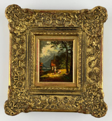 Heinrich Berger Munich Miniature Painting Oil on Wood Panel Chapel in the Mountains
