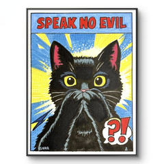 Pop Art Black Cat 3 Piece Set: Hear / Speak / See No Evil 12×9 Acrylic on Paper