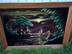 Vtg Large Mid Century Black Velvet Tiki Art Framed 40′ x 28″ Palm Trees Village