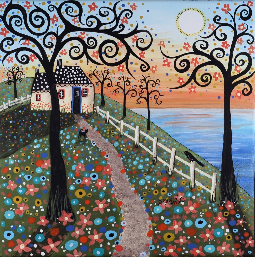 FLOWERS BY THE SEA 12x12x3/4 inch ORIG CANVAS PAINTING whimsical Karla Gerard