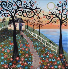 FLOWERS BY THE SEA 12x12x3/4 inch ORIG CANVAS PAINTING whimsical Karla Gerard