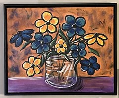 A VLP Original Blue & Yellow Flowers 16×20” Acrylic w/Frame Canvas Signed w/COA