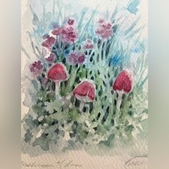 Original Red Mushrooms Painting butterfly floral Botanical art Garden Artwork US