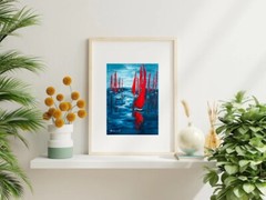 Sailboat Art Oil Night Landscape Art Boats Original Painting Small Nautical