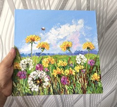 Original Oil painting Dandelions on Canvas board 25x25cm Flowers Artwork Signed
