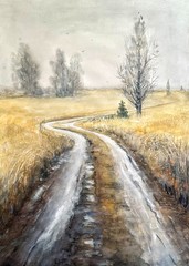 Wheat field Country Road 34″x24″ Watercolor Painting, Autumn Landscape