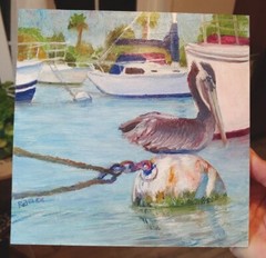 Original Pelican on Bouy signed RAMFISH Artist Oil on Wood Panel 8″x 8″