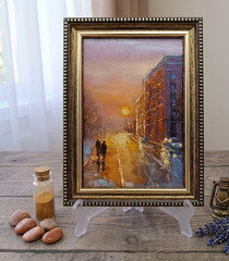 Cityscape Original Oil Painting 4×6 Framed Signed Rainy City Street People Art
