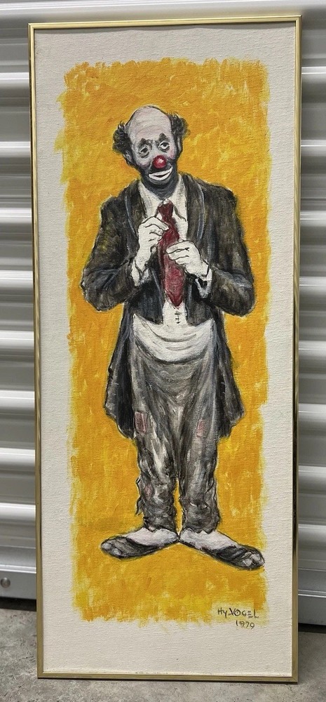 HY Vogel Original Painting Sad Clown Circus Caricature Art 1979 12X30” on Canvas