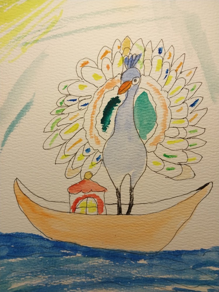 Original WATERCOLOR Painting 6×9 Inch Whimsical Animals Peacock On Boat GAT