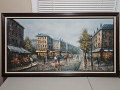 Vintage Henri Rogers Paris Street Cityscape Oil Painting Signed FRAMED 54″×29″