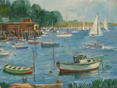 Antique Henrietta Beaumont North Shore Dock Scene Seascape O/B Painting