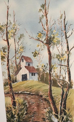 BETTY KAY ORIGINAL WATERCOLOR WHITE BARN ON THE HILL LANDSCAPE PAINTING