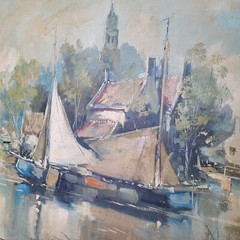 J. Rolands Signed 1950s 44×32″ Original Oil on Canvas Painting Dutch Canal Boats