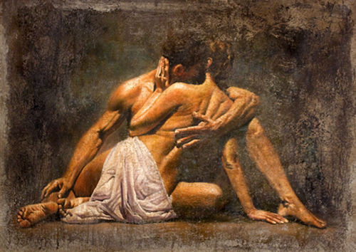 hand-painted Oil Painting Romantic young lovers warm kiss