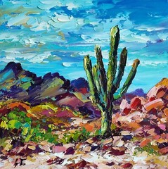 Original oil painting Arizona Cactus Saguaro artwork Landscape wall art 8*8 in