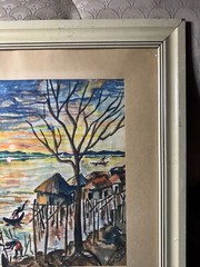 Vintage „Men By The Sea Scene“ Primitive Watercolor Painting – Signed And Framed