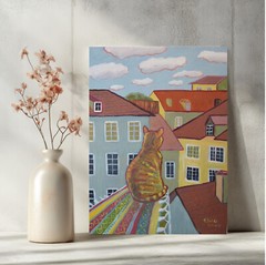 Cat Original Painting 12×16” City Rooftop Old Town Scene Feline Wall Art Gift