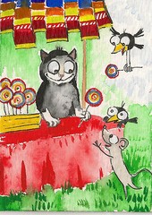 PRINT OF PAINTING TUXEDO CAT RAINBOW RYTA CROW MOUSE Folk Art Farmer Market 🌺