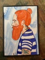 ACEO watercolor art by PJ, art card 2.5 x 3.5: sailor man tat.