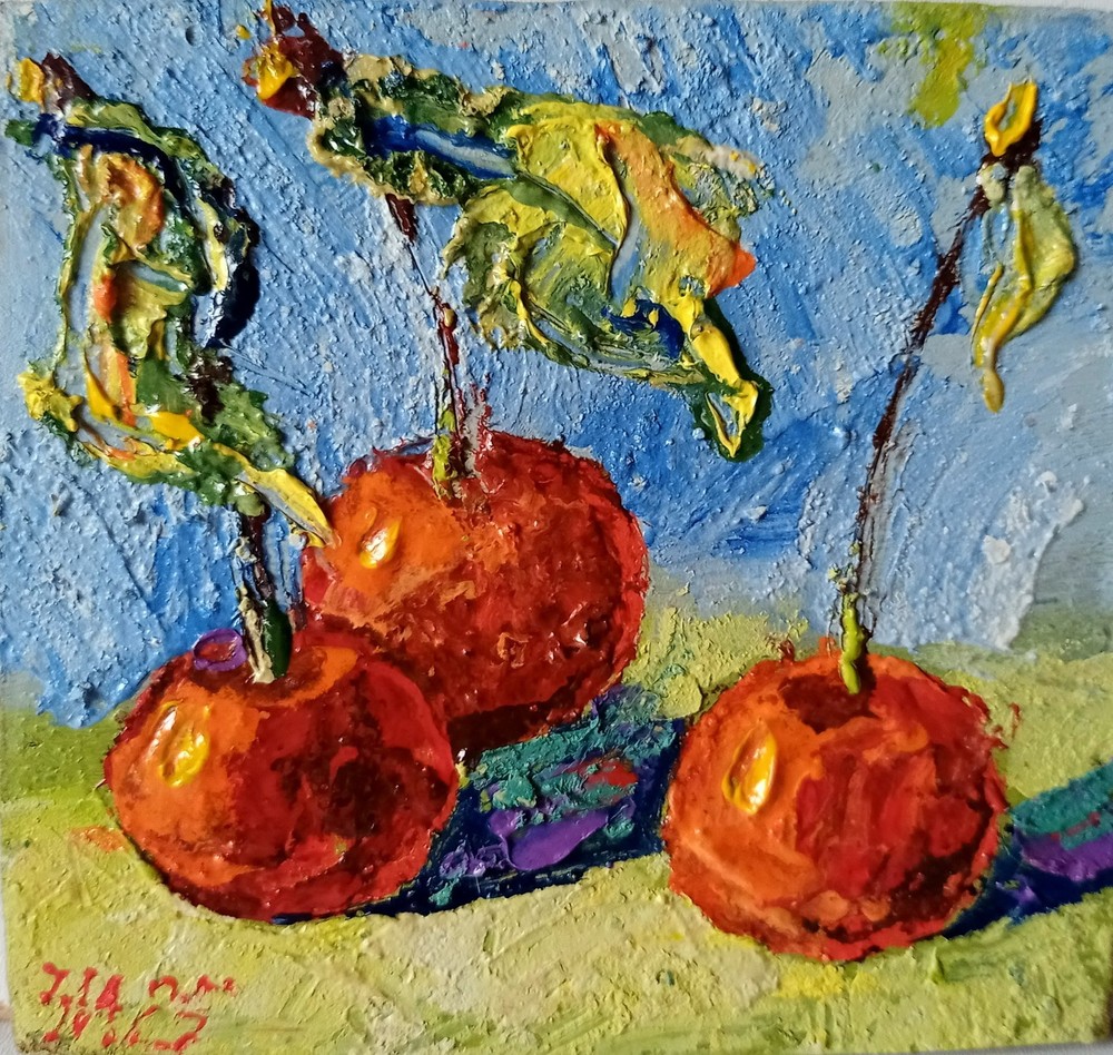 Cherries Impasto Painting Original Art Impression Oil Painting 3.8 x 4.1 in