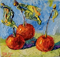 Cherries Impasto Painting Original Art Impression Oil Painting 3.8 x 4.1 in