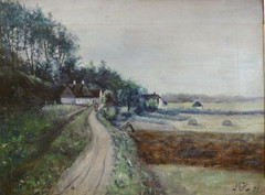 MONOGRAM SIGNED! LANDSCAPE WITH WOMAN AT THE COTTAGE.
