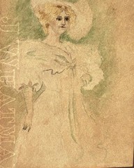 Antique Watercolor and Pencil Drawing Victorian Woman In Feathered Hat 1890’s