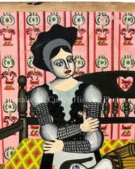1930s Mother Child & Cat Morris Hirshfield Style Outsider Folk Art Painting