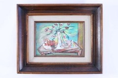 ORIGINAL OIL PAINTING SIGNED SLATER 9.5″ X 11.5 FLOWERS IN VASE APPLES IN BOWL