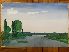 French 1940s Original Watercolor Gouache Painting Landscape Boats Seine 19×12