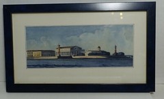 QZbx SIGNED WATERCOLOR PETERSBURG VASILYEVSKY ISLAND STOCK EXCHANGE 7 1/2 X 3″