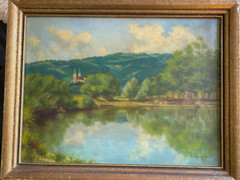 Oil Painting Sign E.Fischer `1940 Bathing Lake Menschen Mountain With Church