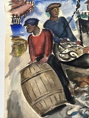 Antique New Jersey Painting Black Fisherman Fish Market Maurice Bilton Rare