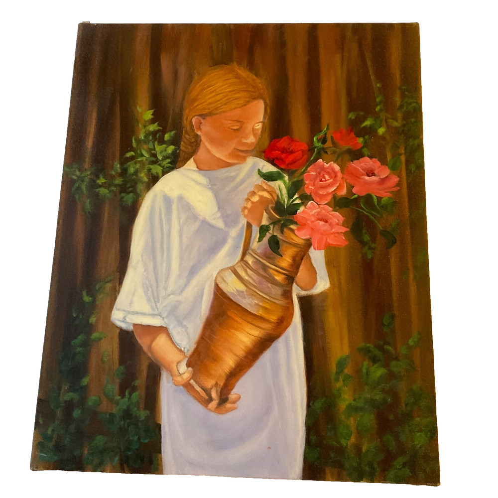 Girl with flowers Young woman portrait original painting Vintage 90s roses