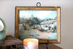 Stunning original very old watercolor, original frame, nails and 1916 newspaper