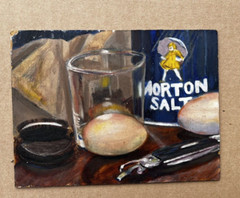 Morton Salt Still Life Oil On Board Vintage Primitive Farm Scene Double Sided