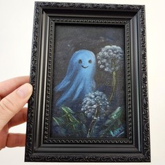 Spooky Cute Ghost Halloween Art Gift – Framed Signed Original Oil Painting 4×6