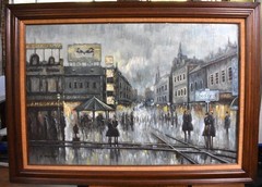Signed K. Andrea Oil Painting „Paris Street in Rain“ Framed 43″ x 31″ Abstract