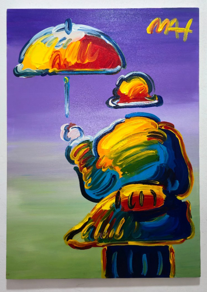 PETEX MAX 28×20 in. Painting on canvas (Umbrella man) signed & stamped. Pop art