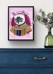 Original Acrylic 12×16 Siamese Cat Abstract Pop Art Signed Canvas Blue Pink