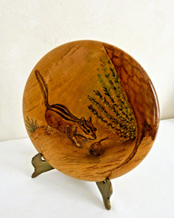 VTG 1970’s Oregon Myrtle Wood 6″ Round Painted Scene Wall Hanging Chipmunk