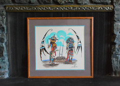 Daniel Namoki – Vintage Painting 2 Guard Kachinas – Eagle Wings – Kiva – Framed