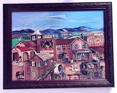 Folk Art Painting American Old West Town Signed 24×18 Framed Unknown Artist