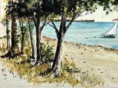 Watercolor Painting Coastal View Sailboat 4×5″ North Beach Lake Fine Art Davel
