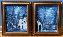 Vintage Huyghe Gilles Blue Period Paris Signed Original Painting 14×12 Set Of 2