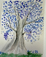 ACEO original watercolor tree painting purple blue leaves miniature unframed